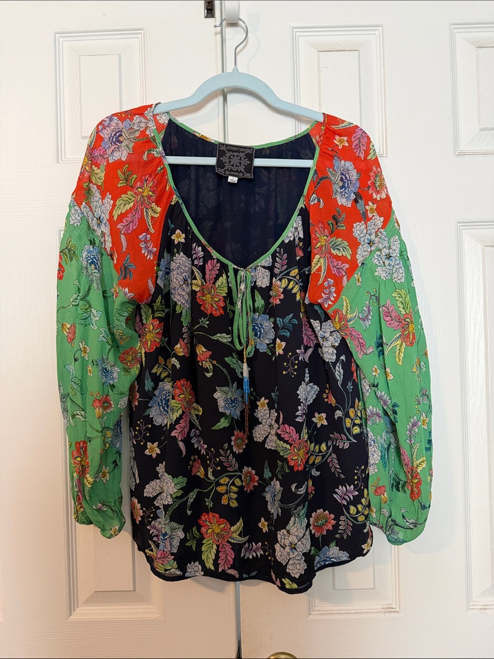 Johnny Was Navy Floral Tie-Front Peasant Blouse with Orange and Green Sleeves
